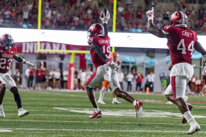Indiana Hoosiers defensive back Josh Sanguinetti (19) celebrates his interception of the ball in the second half against the Indiana Hoosiers at Memorial Stadium.